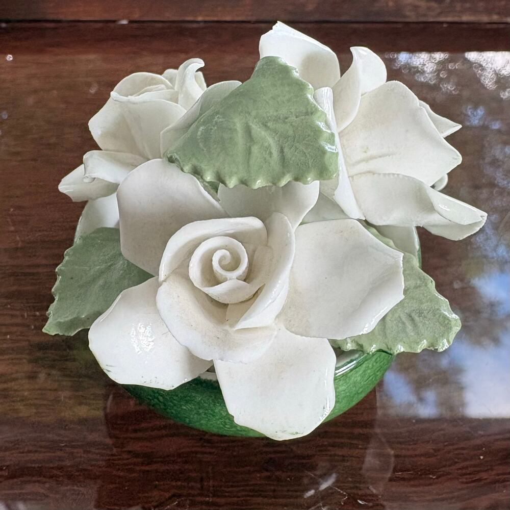 Vintage Mini Ceramic Rose Tabletop Decor White Flowers Green Base